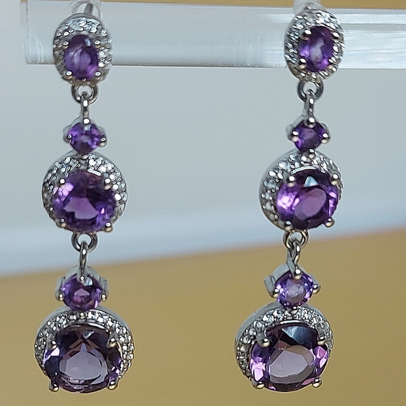 Natural Amethyst 8mm & Cz 925 Sterling Silver Jewelry Earrings - Picture 3 of 6